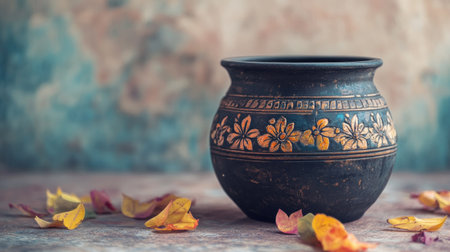 Hindu holy water pot (kamandalu) with space for text on a soft background. Used in rituals.の素材