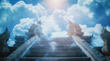 Hindu temple steps with space for text in the sky. Path to enlightenment.の素材