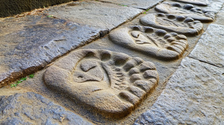 Footprints (charan paduka) of Lord Mahavira carved in stone, serene setting, no people, space for textの素材