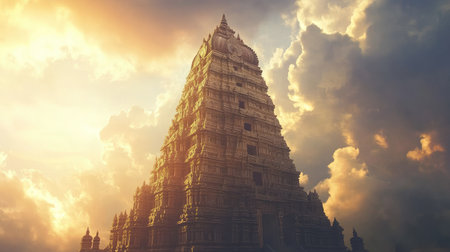Hindu temple architecture with space for text in the sky. Ancient marvels of design.の素材