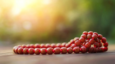 Hindu prayer beads (mala) with space for text on a soft, blurred background. Meditation tool.の素材