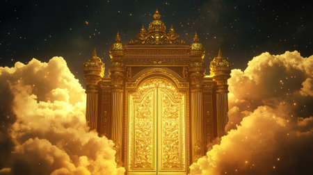 Golden temple door with space for text in the sky. Entrance to spirituality.の素材