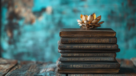 Hindu scriptures on a wooden stand with space for text in the background. Ancient wisdom.の素材