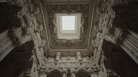 Intricate Jain temple ceiling carvings viewed from below, no people, light filtering through, copy spaceの素材