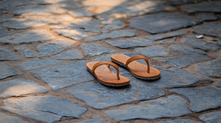 Jain sandals placed neatly on a stone floor, no people, calm atmosphere, copy spaceの素材