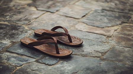 Jain s sandals placed neatly on a stone floor, no people, calm atmosphere, ample copy spaceの素材