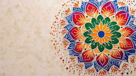 Jain festival rangoli design with colorful patterns, no people, clear background, copy space availableの素材