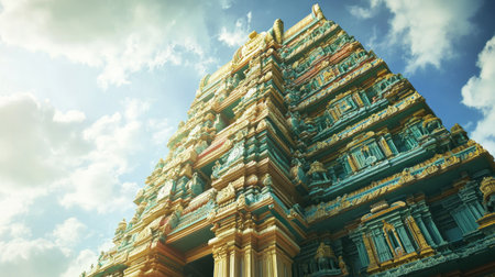 Hindu temple gopuram (tower) with space for text in the sky. Architectural marvel.の素材