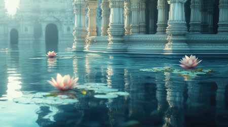 Hindu temple tank with space for text on the water surface. Sacred water body.の素材