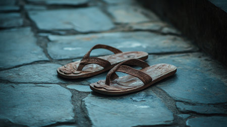 Jain sandals placed neatly on a stone floor, no people, calm atmosphere, copy spaceの素材