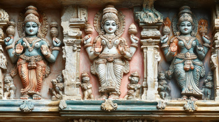 Hindu temple wall paintings with space for text on a plain background. Depicting mythology.の素材