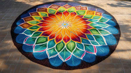 Jain festival rangoli design with vibrant colors, no people, clear space, ample copy spaceの素材
