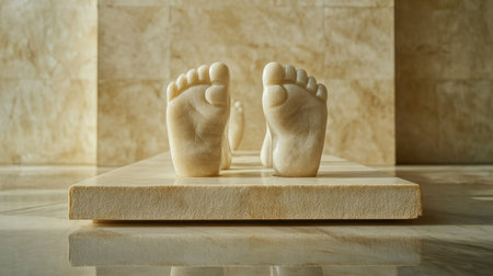 Jain monks footprints (charan paduka) on a marble base, no people, soft light, ample space for textの素材