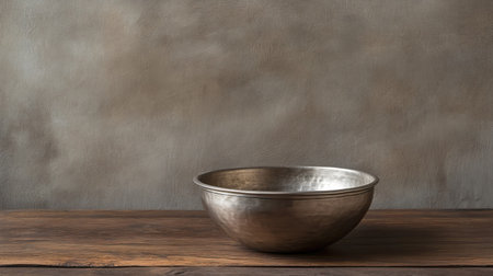 Jain alms bowl resting on a wooden table, no people, simple background, space for textの素材