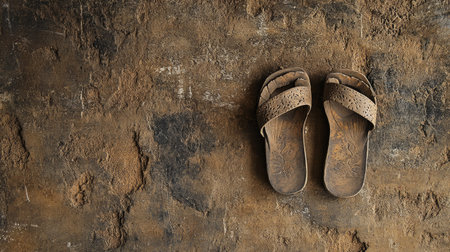 Jain monk simple walking sandals placed neatly, no people, rustic background, space for textの素材
