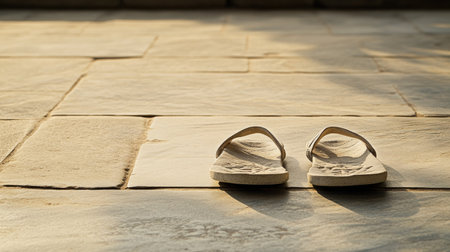 Jain sandals placed neatly on a stone floor, no people, calm atmosphere, copy spaceの素材