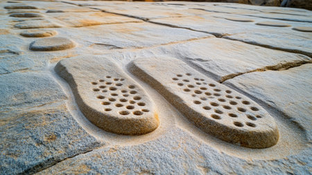 Jain monks footprints (charan paduka) carved in stone, no people, serene setting, ample space for textの素材