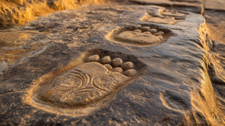 Jain monks footprints (charan paduka) carved in stone, no people, serene setting, copy spaceの素材