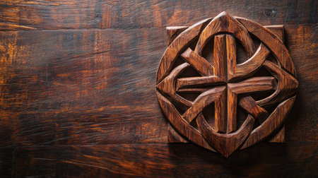 Jain symbol beautifully carved on a wooden surface, no people, soft light, ample space for textの素材