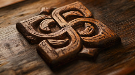 Jain symbol beautifully carved on a wooden surface, no people, soft light, ample space for textの素材