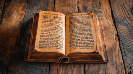 Jain prayer book open on a simple wooden table, no people, clean background, ample copy spaceの素材