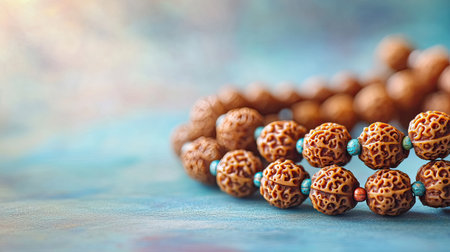 Sacred Hindu Rudraksha beads with space for text on a soft background. Symbol of devotion.の素材