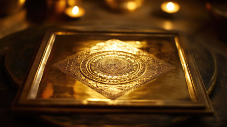Jain yantra inscribed on a golden plate, no people, serene background, ample space for textの素材