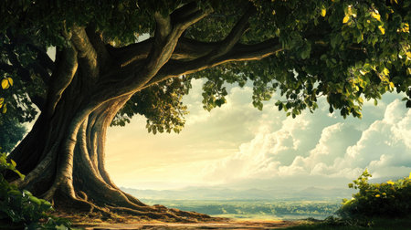 Sacred Banyan tree with space for text on a serene background. Symbol of immortality.の素材