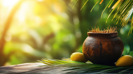 Kalash (pot) with coconut and mango leaves, space for text on a blurred background. Auspicious symbol.の素材