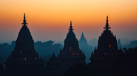 Peaceful Jain temple spires silhouetted against dawn, no people, clear sky, copy space availableの素材