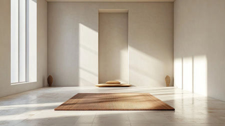 Minimalistic portrayal of a Jain meditation room with a single mat, no people, ample space for textの素材