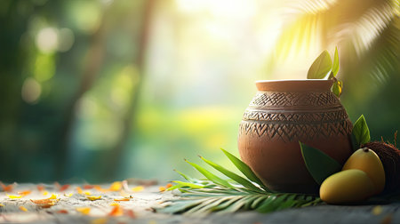 Kalash (pot) with coconut and mango leaves, space for text on a blurred background. Auspicious symbol.の素材