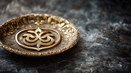 Sacred Jain Om symbol embossed on a golden plate, no people, dark background, ample copy spaceの素材