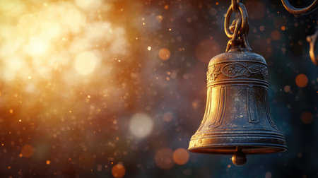 Temple bell ringing with space for text in the background. Call to the divine.の素材