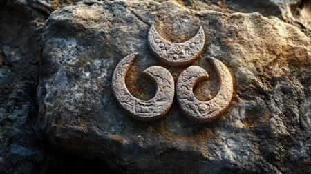 Sacred Jain Om symbol engraved on stone, no people, minimalistic background, space for textの素材