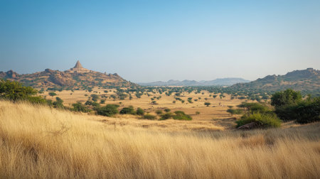 Peaceful landscape with Jain pilgrimage site in the distance, no people, clear sky, copy spaceの素材