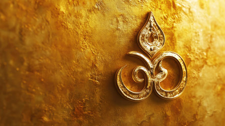 Sacred Jain Om symbol on a golden background, no people, minimalistic setting, space for textの素材