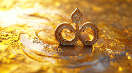 Sacred Jain Om symbol on a golden background, no people, minimalistic setting, space for textの素材