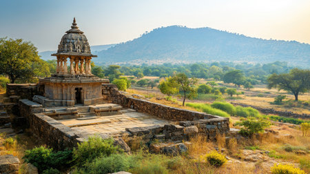 Peaceful landscape with Jain pilgrimage site and clear sky, no people, ample copy spaceの素材