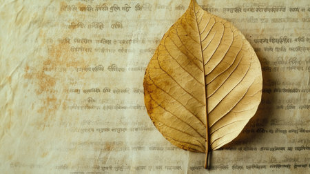 Sacred Hindu scripture leaf with space for text on a soft background. Ancient wisdom.の素材