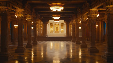 Serene Jain temple interior with glowing lamps, no people, tranquil atmosphere, ample space for textの素材