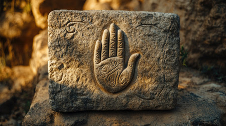 Sacred Jain hand symbol (Ahimsa) engraved on a stone tablet, no people, soft light, copy spaceの素材