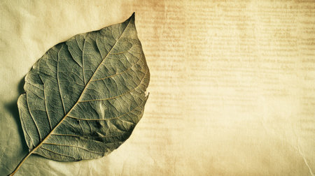 Sacred Hindu scripture leaf with space for text on a soft background. Ancient wisdom.の素材