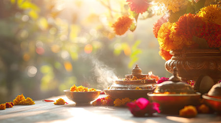 Sacred Hindu temple offerings with space for text on a soft background. Devotion to the gods.の素材