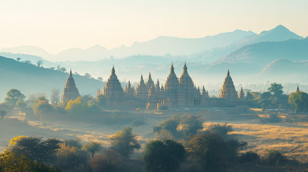 Serene landscape with Jain temple spires in the distance, no people, clear sky, copy space availableの素材