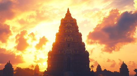 Sunrise over a Hindu temple with space for text in the sky. Dawn of a new day.の素材