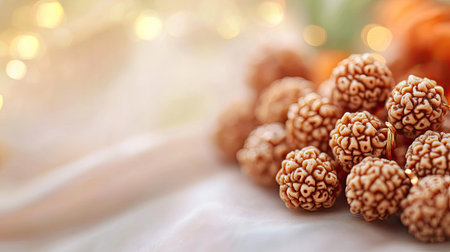 Sacred Rudraksha beads with space for text on a soft background. Symbol of devotion.の素材