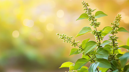 Sacred Tulsi plant with space for text on a soft background. Holy plant in Hinduism.の素材