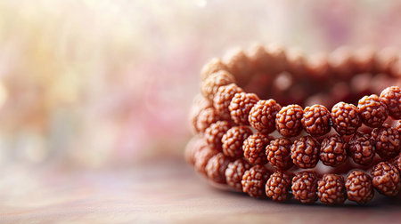 Sacred Rudraksha beads with space for text on a soft background. Symbol of devotion.の素材