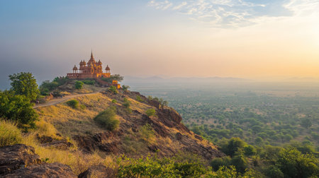 Serene landscape with distant Jain temple on a hill, no people, clear sky, copy space availableの素材
